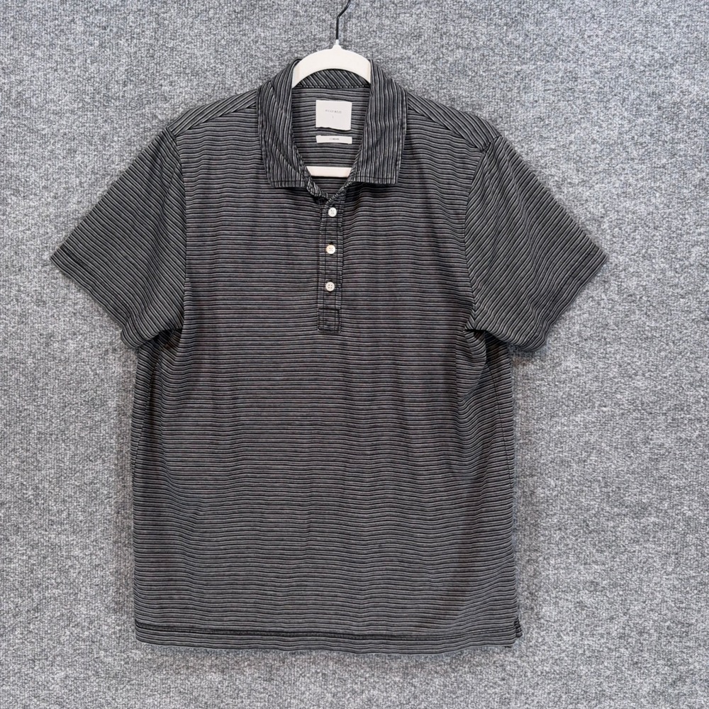Billy Reid Polo Shirt Mens Large Black Striped Textured Cotton Blend Short Slv